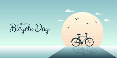 Bisiklet Günü Vektörü: Günbatımı Bisiklet Silueti, Kıyı Manzarası, Betik