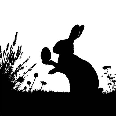 Paskalya Tavşanı Çimen Tarlasında Yumurta Tutuyor - Siluet Vektörü