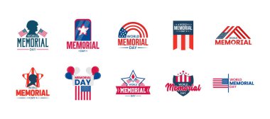 Dünya Anma Günü Rozet Koleksiyonu, Vatansever ABD Anma Günü Logosu Bayraklar, Yıldızlar ve Askeri Simgelerle belirlenmiş, kutlama ve anma için beyaz zemin üzerinde düzenlenebilir vektör tarzı PNG amblemleri.