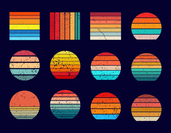 Günbatımı, 80 'lerin soyut, grunge çizgili günbatımı. Logo veya baskı tasarım elemanları vektör kümesi için klasik renkli çizgili daireler. Tropikal güneş ışığı tişörtleri için yuvarlak semboller
