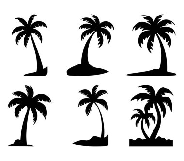 Beyaz arka planda izole edilmiş siyah palmiye ağaçları. Palm Siluetleri. Posterler, afişler ve tanıtım ürünleri için palmiye ağaçları dizaynı. Vektör İllüstrasyonu