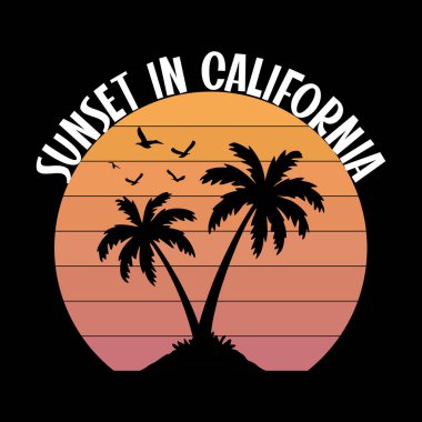 Kaliforniya 'da yaz günbatımı gradyanı ve siyah arkaplanda palmiye silueti