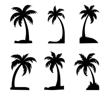 Beyaz arka planda izole edilmiş siyah palmiye ağaçları. Palm Siluetleri. Posterler, afişler ve tanıtım ürünleri için palmiye ağaçları dizaynı. Vektör İllüstrasyonu.
