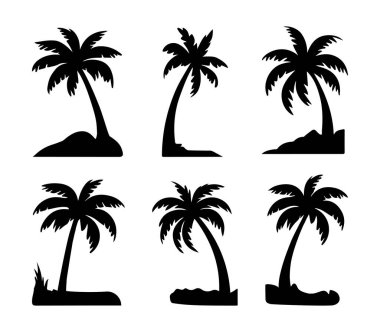 Beyaz arka planda izole edilmiş siyah palmiye ağaçları. Palm Siluetleri. Posterler, afişler ve tanıtım ürünleri için palmiye ağaçları dizaynı. Vektör İllüstrasyonu.