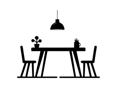 Bir masa ve sandalye silueti vektör çizimi. Siluetler Sandalyeler ve Masa. - Kafenin içinde. Vektör Siyah Görüntü Beyaz Arkaplanda İzole Edildi.