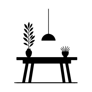 Bir masa ve sandalye silueti vektör çizimi. Siluetler Sandalyeler ve Masa. - Kafenin içinde. Vektör Siyah Görüntü Beyaz Arkaplanda İzole Edildi.