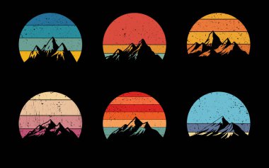 Günbatımı grunge koleksiyonu afiş ya da baskı için. 80 'lerin tarzı, çizgili daireler, dağlar ve orman ağaçları.