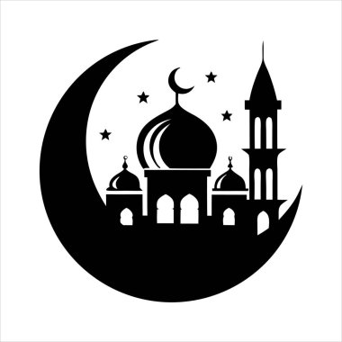 İslam camiinin siyah silueti ve fenerli hilal. Bayram mübarek logosu. vektör illüstrasyonu