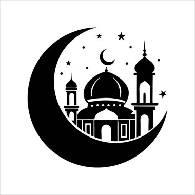 İslam camiinin siyah silueti ve fenerli hilal. Bayram mübarek logosu. vektör illüstrasyonu