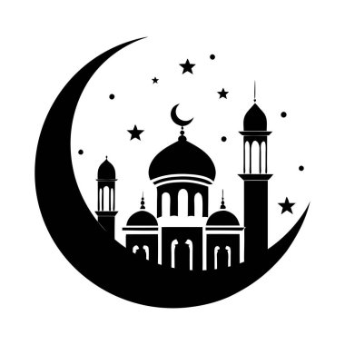İslam camiinin siyah silueti ve fenerli hilal. Bayram mübarek logosu. vektör illüstrasyonu