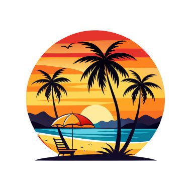 Palmiye ağacı illüstrasyonlu yaz tişörtü tasarımı. Plaj tişörtü tasarımı. Klasik Summer Palm Beach Minimalist İllüstrasyon