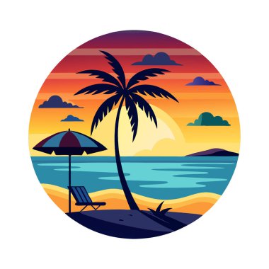 Palmiye ağacı illüstrasyonlu yaz tişörtü tasarımı. Plaj tişörtü tasarımı. Klasik Summer Palm Beach Minimalist İllüstrasyon