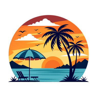 Palmiye ağacı illüstrasyonlu yaz tişörtü tasarımı. Plaj tişörtü tasarımı. Klasik Summer Palm Beach Minimalist İllüstrasyon