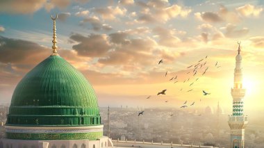 A Poster for a mosque with a green dome and a mosque in the background. Milad un Nabi banner and Islamic background with Mawlid al Nabi celebration poster clipart