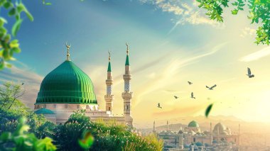 Arkasında yeşil kubbe ve cami olan bir cami posteri. Milad un Nabi afişi ve Mawlid al Nabi kutlama posteriyle İslami geçmiş