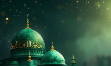 Arkasında yeşil kubbe ve cami olan bir cami posteri. Milad un Nabi afişi ve Mawlid al Nabi kutlama posteriyle İslami geçmiş