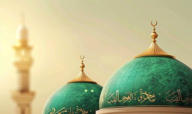 Arkasında yeşil kubbe ve cami olan bir cami posteri. Milad un Nabi afişi ve Mawlid al Nabi kutlama posteriyle İslami geçmiş