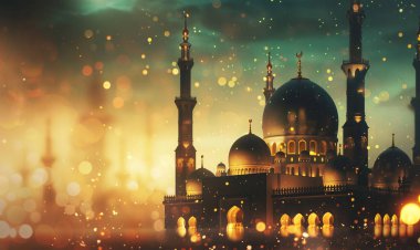 Arkasında yeşil kubbe ve cami olan bir cami posteri. Milad un Nabi afişi ve Mawlid al Nabi kutlama posteriyle İslami geçmiş
