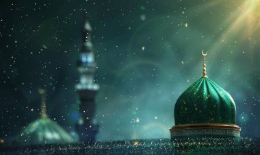 A Poster for a mosque with a green dome and a mosque in the background. Milad un Nabi banner and Islamic background with Mawlid al Nabi celebration poster clipart