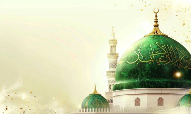 Arkasında yeşil kubbe ve cami olan bir cami posteri. Milad un Nabi afişi ve Mawlid al Nabi kutlama posteriyle İslami geçmiş