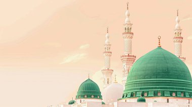 Arkasında yeşil kubbe ve cami olan bir cami posteri. Milad un Nabi afişi ve Mawlid al Nabi kutlama posteriyle İslami geçmiş