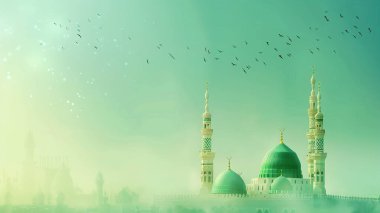 A Poster for a mosque with a green dome and a mosque in the background. Milad un Nabi banner and Islamic background with Mawlid al Nabi celebration poster clipart