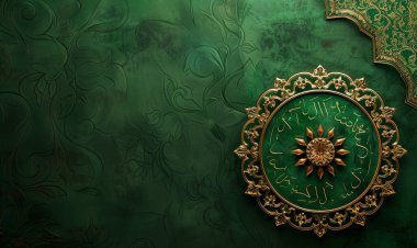 Arkasında yeşil kubbe ve cami olan bir cami posteri. Milad un Nabi afişi ve Mawlid al Nabi kutlama posteriyle İslami geçmiş