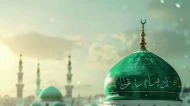 Arkasında yeşil kubbe ve cami olan bir cami posteri. Milad un Nabi afişi ve Mawlid al Nabi kutlama posteriyle İslami geçmiş