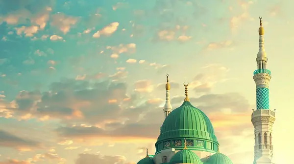 stock image A Poster for a mosque with a green dome and a mosque in the background. Milad un Nabi banner and Islamic background with Mawlid al Nabi celebration poster