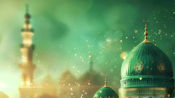 stock image A Poster for a mosque with a green dome and a mosque in the background. Milad un Nabi banner and Islamic background with Mawlid al Nabi celebration poster