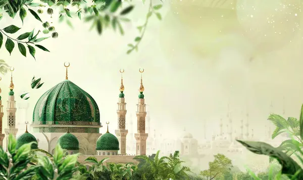 stock image A Poster for a mosque with a green dome and a mosque in the background. Milad un Nabi banner and Islamic background with Mawlid al Nabi celebration poster