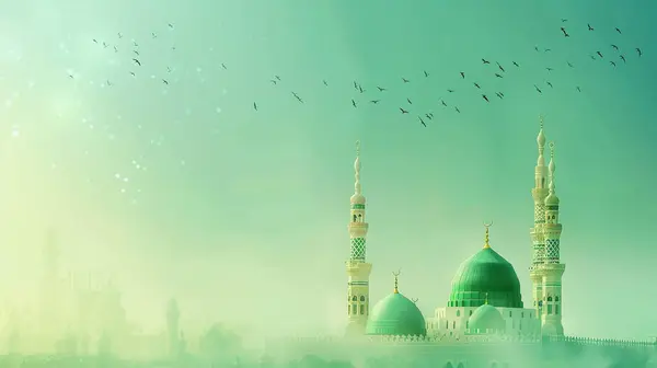 stock image A Poster for a mosque with a green dome and a mosque in the background. Milad un Nabi banner and Islamic background with Mawlid al Nabi celebration poster