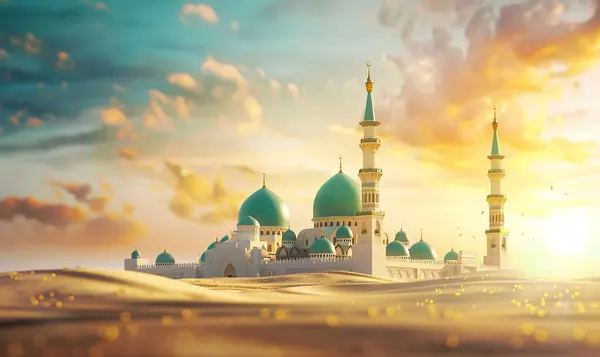 Arkasında yeşil kubbe ve cami olan bir cami posteri. Milad un Nabi afişi ve Mawlid al Nabi kutlama posteriyle İslami geçmiş