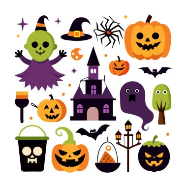 Beyaz arka planda balkabağı, yarasa ve hayaletler gibi Cadılar Bayramı vektör elementleri kümesi.