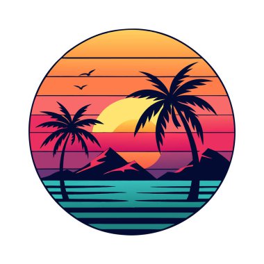Palmiye ağacı illüstrasyonlu yaz tişörtü tasarımı. Plaj tişörtü tasarımı. Siyah siluetli günbatımı sahnesi.