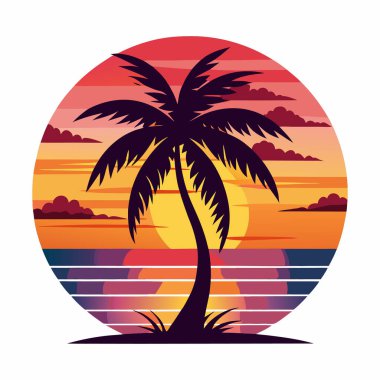 Günbatımı ve palmiye ağaçları düz renk logo stili grafik tasarımı olan Retro vintage tropikal ada