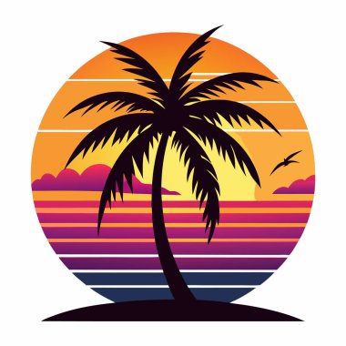 Günbatımı ve palmiye ağaçları düz renk logo stili grafik tasarımı olan Retro vintage tropikal ada