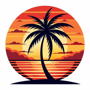 Günbatımı ve palmiye ağaçları düz renk logo stili grafik tasarımı olan Retro vintage tropikal ada