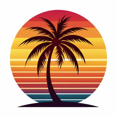 Günbatımı ve palmiye ağaçları düz renk logo stili grafik tasarımı olan Retro vintage tropikal ada