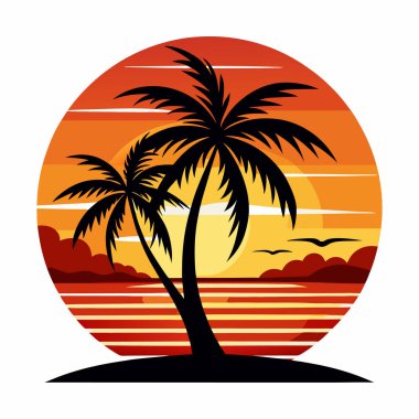 Günbatımı ve palmiye ağaçları düz renk logo stili grafik tasarımı olan Retro vintage tropikal ada