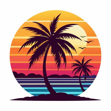 Günbatımı ve palmiye ağaçları düz renk logo stili grafik tasarımı olan Retro vintage tropikal ada