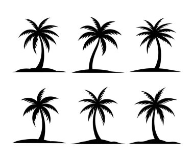 Beyaz arka planda izole edilmiş siyah palmiye ağaçları. Palm Siluetleri. Posterler, afişler ve tanıtım ürünleri için palmiye ağaçları dizaynı. Vektör İllüstrasyonu. Beyaz Arkaplanda Avuç İçi Simgesi