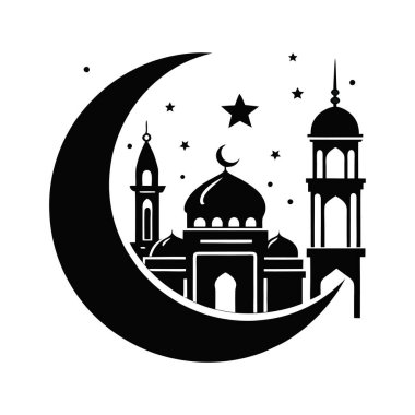 İslam camiinin siyah silueti ve fenerli hilal. Bayram mübarek logosu. vektör illüstrasyonu