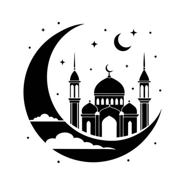 İslam camiinin siyah silueti ve fenerli hilal. Bayram mübarek logosu. vektör illüstrasyonu