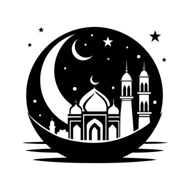 İslam camiinin siyah silueti ve fenerli hilal. Bayram mübarek logosu. vektör illüstrasyonu