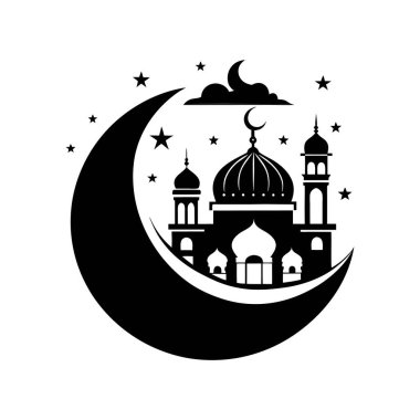 İslam camiinin siyah silueti ve fenerli hilal. Bayram mübarek logosu. vektör illüstrasyonu