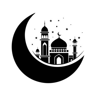 İslam camiinin siyah silueti ve fenerli hilal. Bayram mübarek logosu. vektör illüstrasyonu