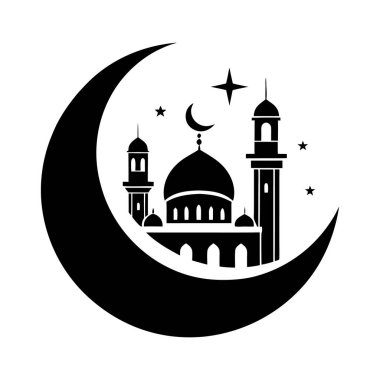 İslam camiinin siyah silueti ve fenerli hilal. Bayram mübarek logosu. vektör illüstrasyonu