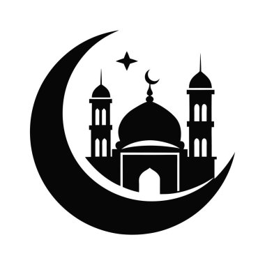 İslam camiinin siyah silueti ve fenerli hilal. Bayram mübarek logosu. vektör illüstrasyonu