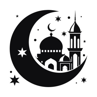 İslam camiinin siyah silueti ve fenerli hilal. Bayram mübarek logosu. vektör illüstrasyonu